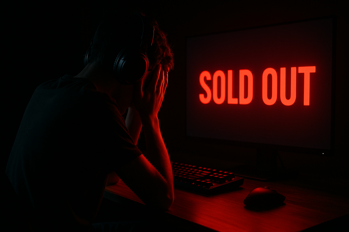 Heart-sinking gamer burying his face in hands, bathed in ominous red glow from a giant SOLD OUT screen—pure frustration and urgency frozen in one cinematic moment