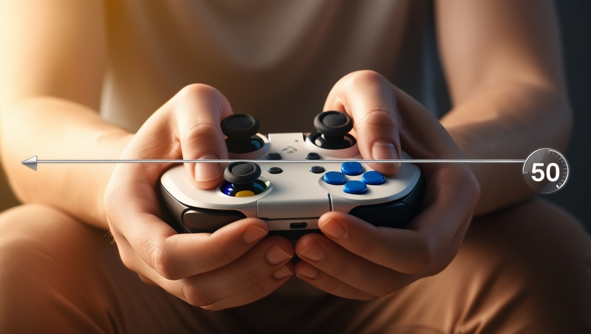 Hope-charged hands gripping a sleek white gamepad, golden sunrise spilling across the scene as a glowing progress bar races to the magic 50-hour mark—pure determination and rising optimism"