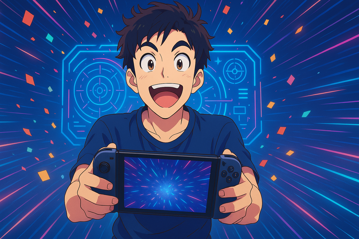 Ecstatic gamer bursting with electrifying joy, clutching a hybrid handheld console while neon confetti explodes around him—an exhilarating visual promise of seamless Switch-to-Switch 2 cross-play freedom.