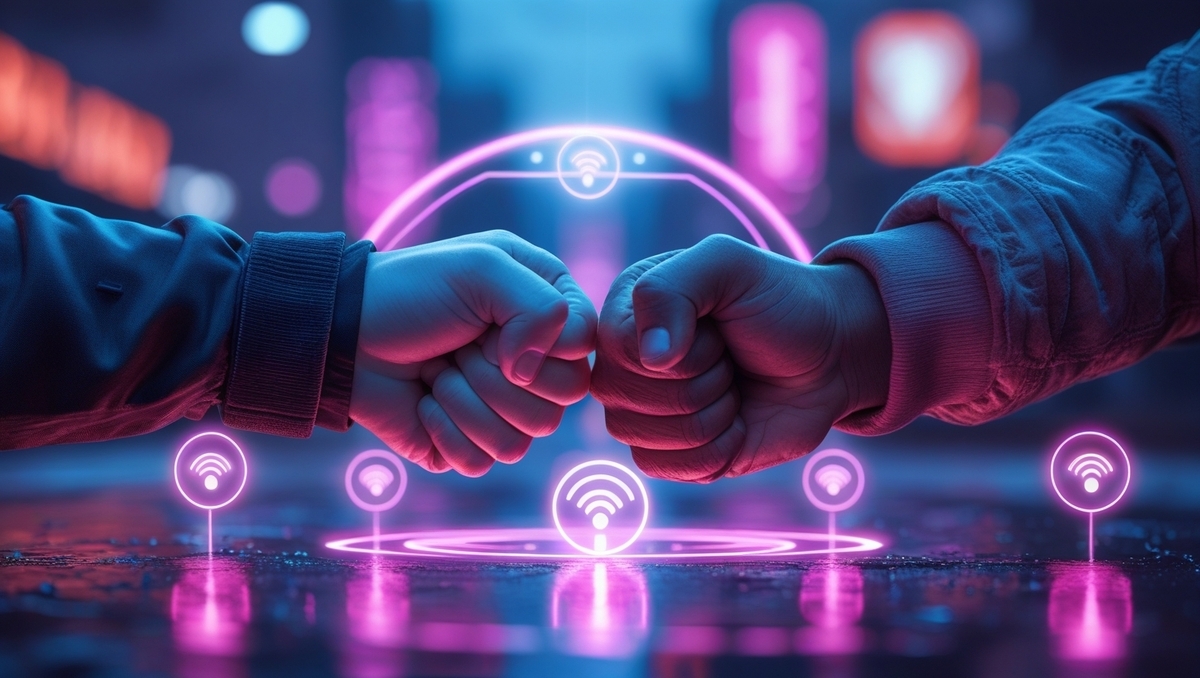 Two gamers slam a victorious fist-bump under a radiant neon arc, pink Wi-Fi glyphs sparking outward—pure electric camaraderie that shouts seamless cross-play joy.