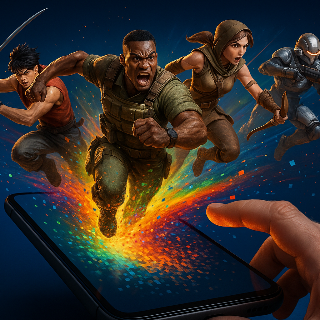 Explosive surge of rainbow pixels as four fearless heroes leap out of a smartphone—pure, pulse-pounding energy that screams ‘epic cross-play adventure starts here!