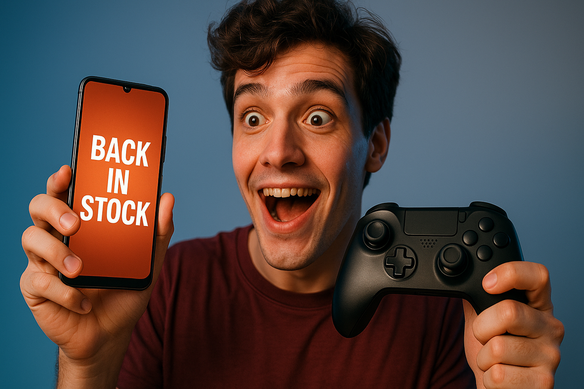 Overjoyed gamer holding a controller and a phone screen that says ‘Back in Stock’, expressing pure excitement and surprise as the long-awaited PS5 bundle returns to Amazon.