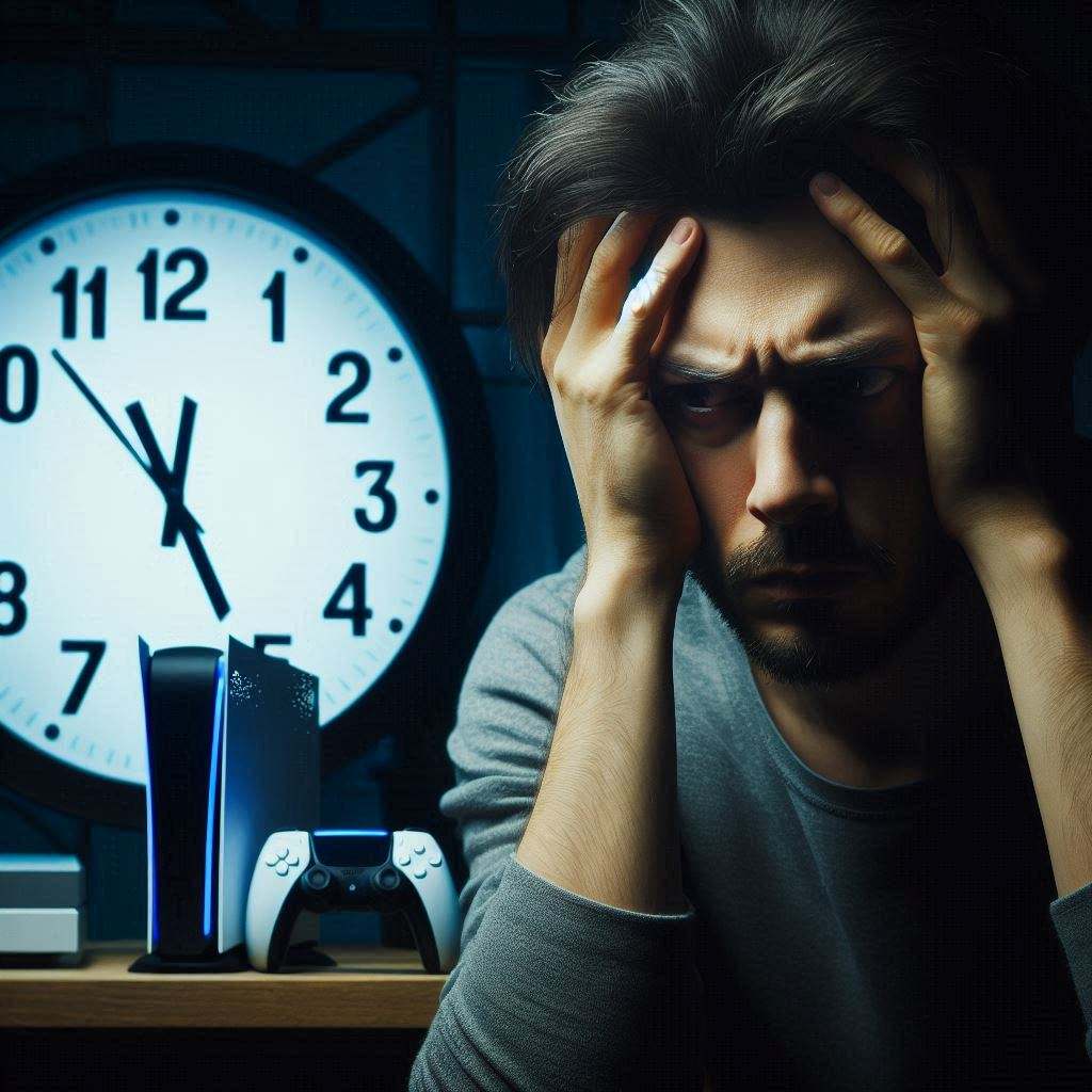 Frustrated gamer staring at the clock beside a PS5 console, overwhelmed by the endless wait and emotional tension of trying to catch a restock before it sells out again.