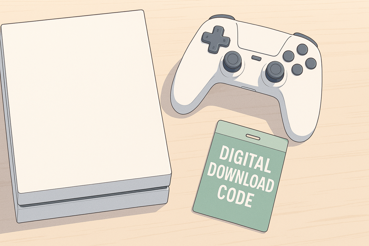 Clean and inviting visual of a game console bundle with a controller and digital download code, evoking the excitement and anticipation of unboxing a brand-new gaming experience.”