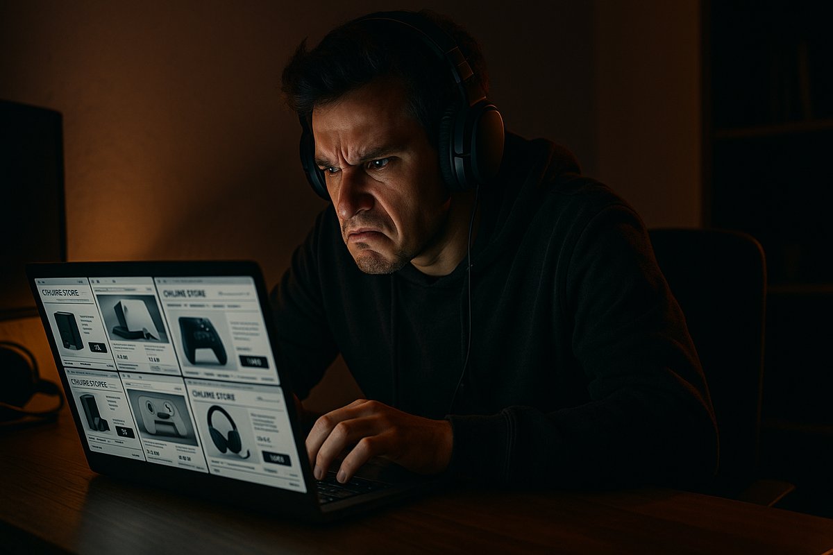 Frustrated gamer desperately browsing multiple online stores in the dark, overwhelmed by sold-out listings and emotional pressure to secure the latest console