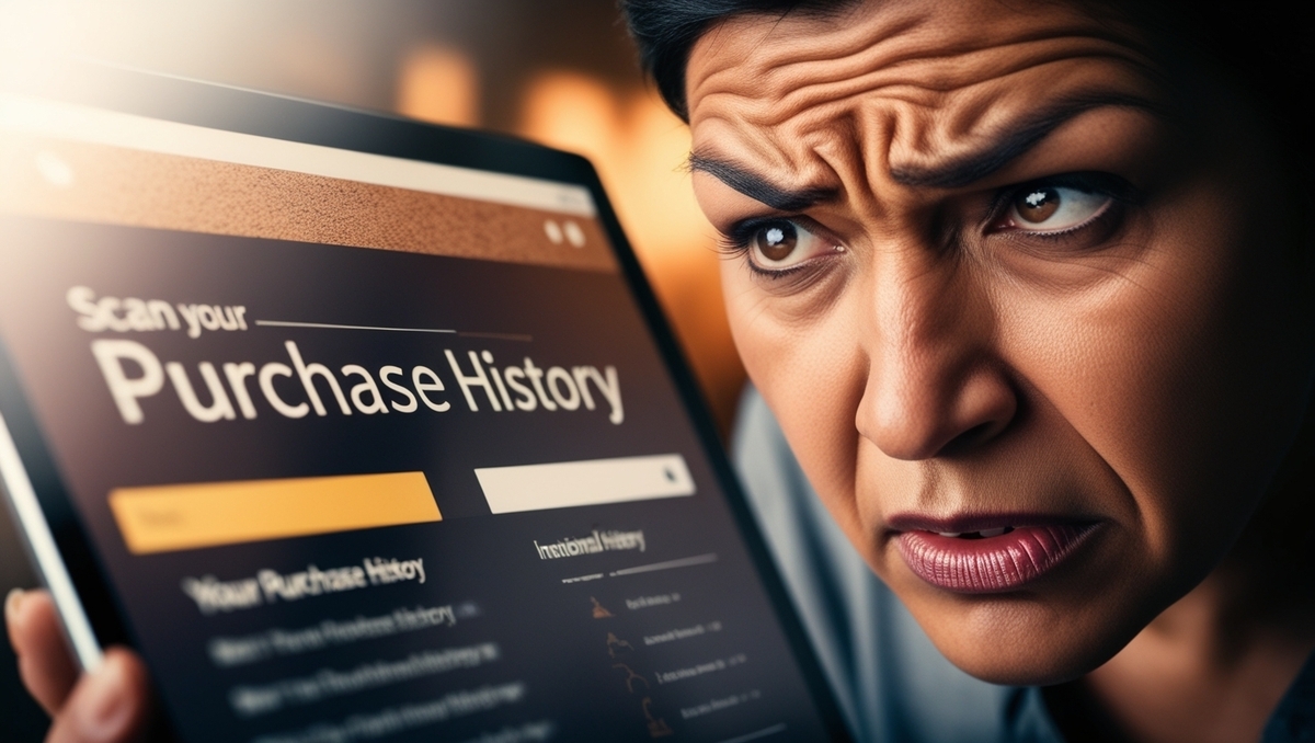 Anxious woman scanning her online purchase history on a digital screen, overwhelmed and stressed, desperately checking for eligibility to reserve a high-demand product