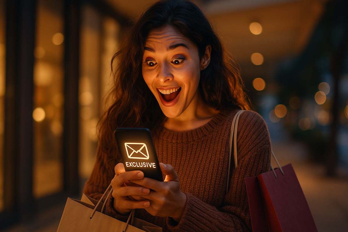 Overjoyed young woman receiving an exclusive reservation email on her smartphone, radiating pure excitement and disbelief in a magical evening city atmosphere