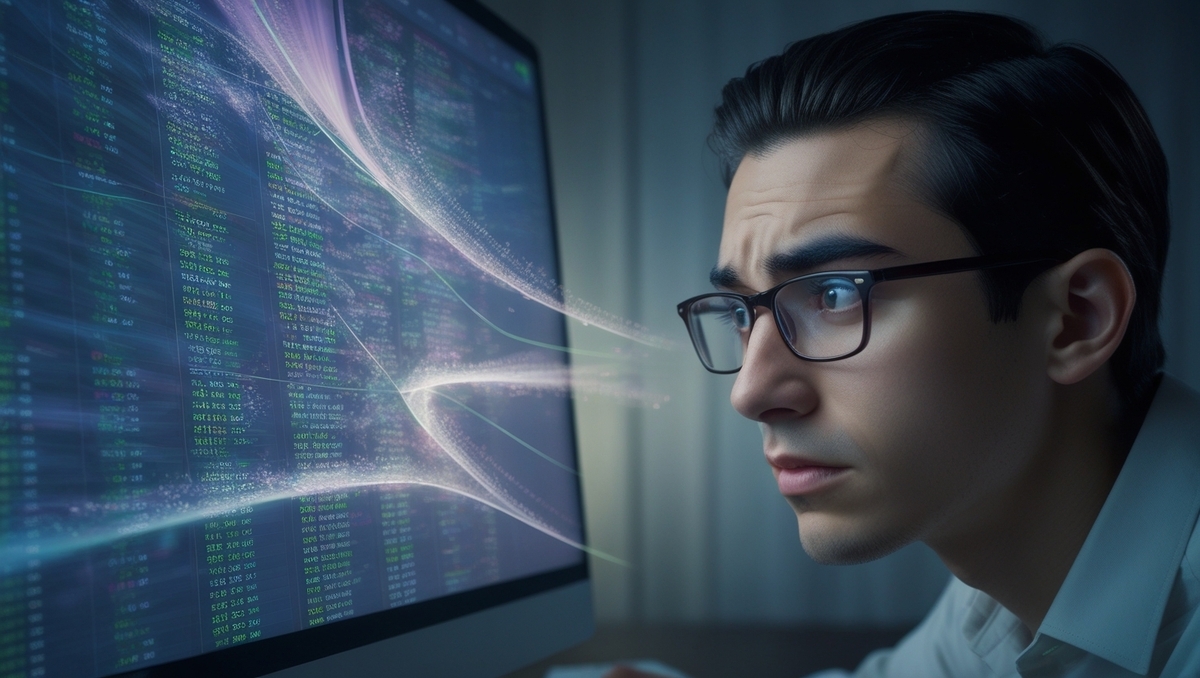 A tense young man stares intently at glowing lottery data, overwhelmed by emotion and hope, as numbers shimmer with the promise of a life-changing win.