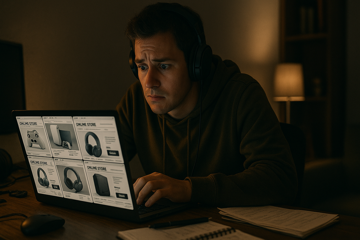 A frustrated man stares at his laptop late at night, discovering his favorite gaming console is sold out again, overwhelmed by disappointment and quiet desperation.