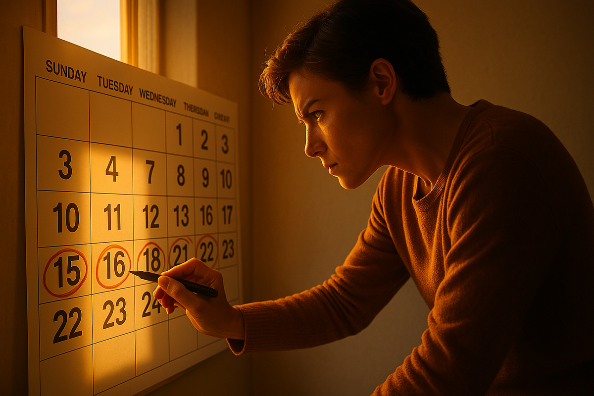 A determined person highlights important dates on a calendar, bathed in the warm glow of sunset, filled with anxious anticipation and hopeful urgency.
