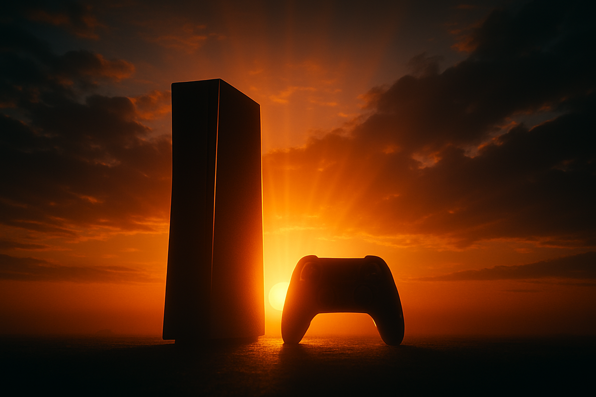 A glowing sunrise behind a game console, capturing the hopeful anticipation of the Switch 2 lottery round two.