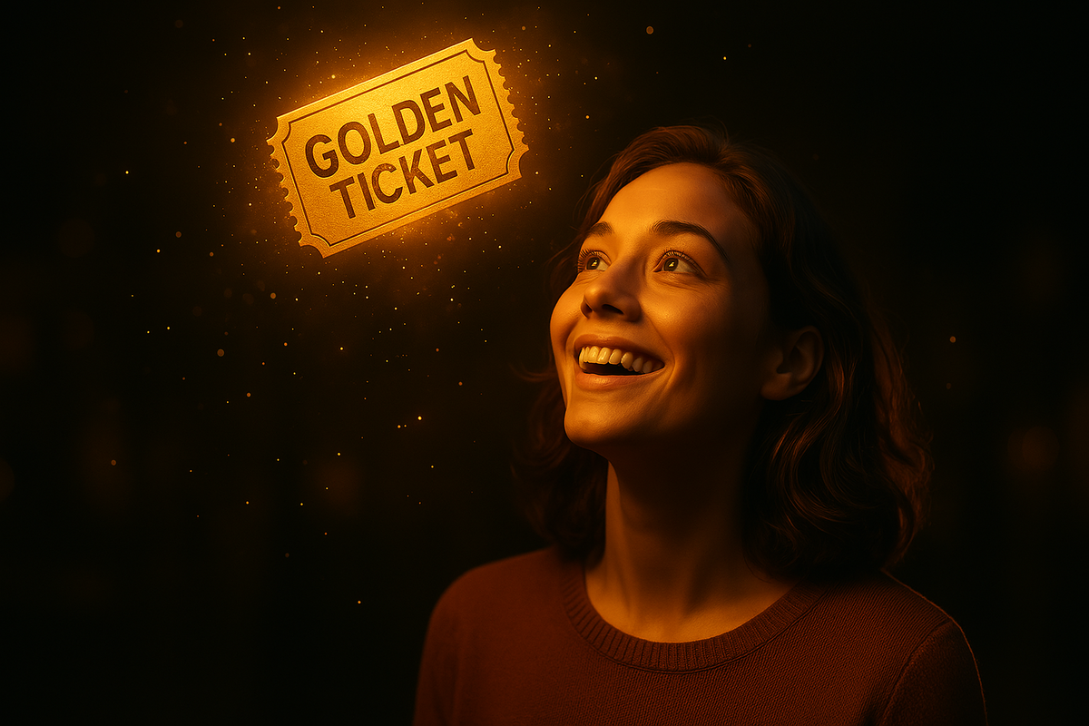 A woman’s face lights up with joy as she gazes at a glowing golden ticket, capturing the magical thrill of unexpected luck and life-changing moments.