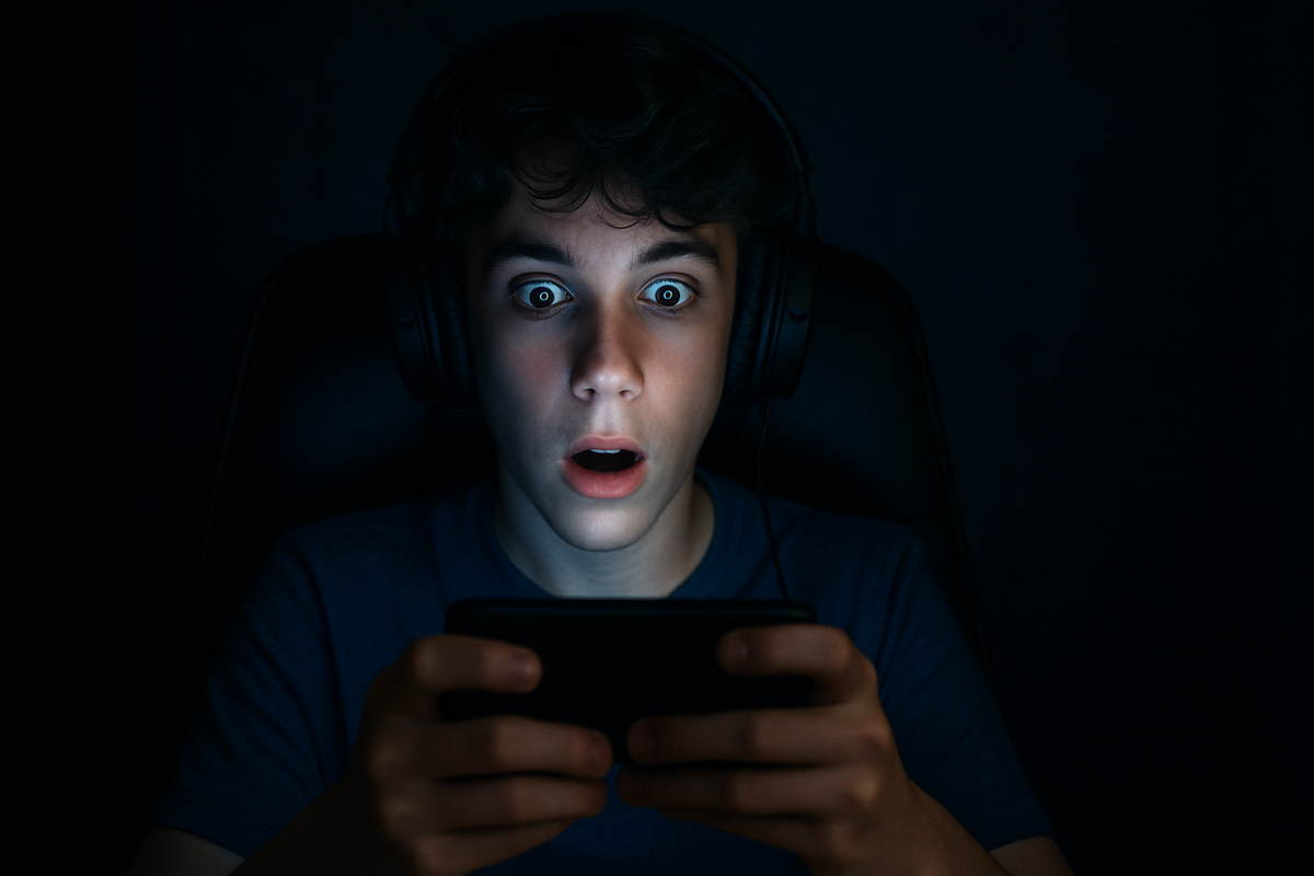 A shocked teenage gamer illuminated by screen glow, eyes wide open in disbelief, experiencing a moment of intense anticipation and surprise.