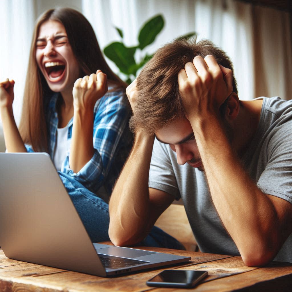 Emotional contrast of joy and despair: a woman celebrates wildly while a man sits devastated, both in front of laptops during lottery result reveal.