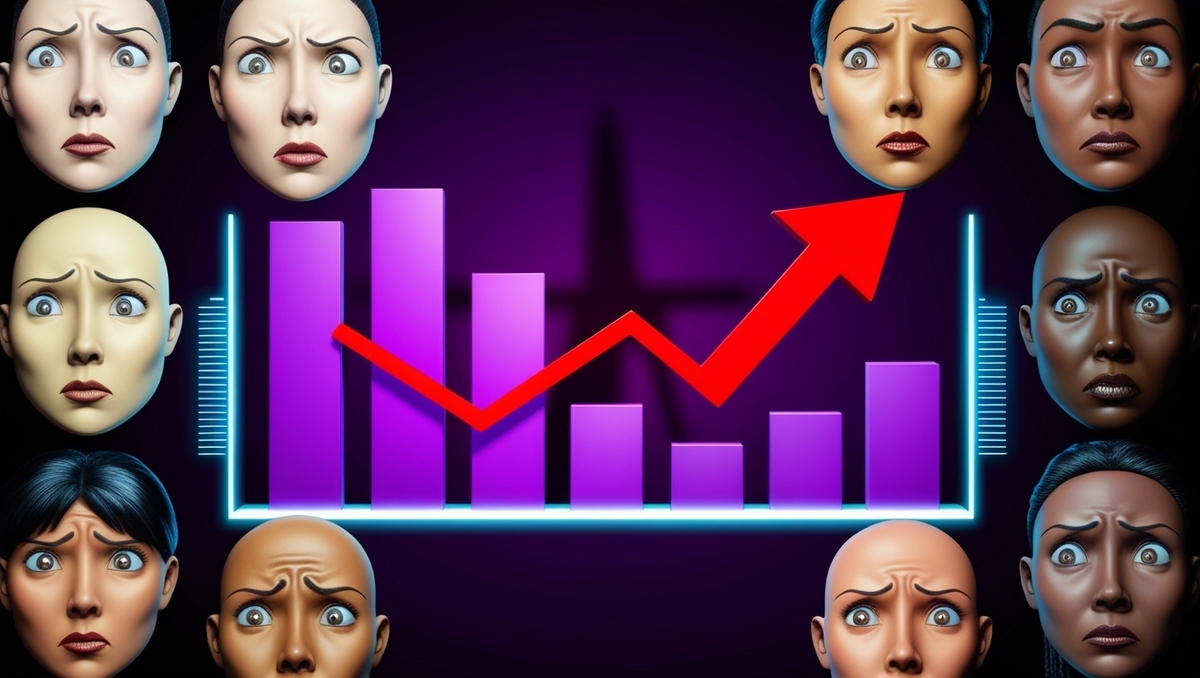 Anxious faces surrounding a chaotic bar chart with a sharp red arrow, visualizing rising tension and unpredictable odds.