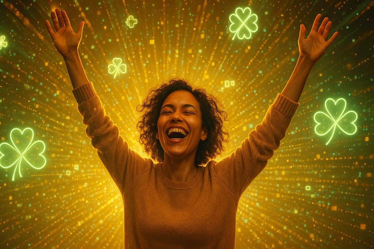A joyful woman raising her hands in pure delight, surrounded by glowing lucky clovers and radiant sparkles — a symbol of unexpected success and overwhelming happiness.