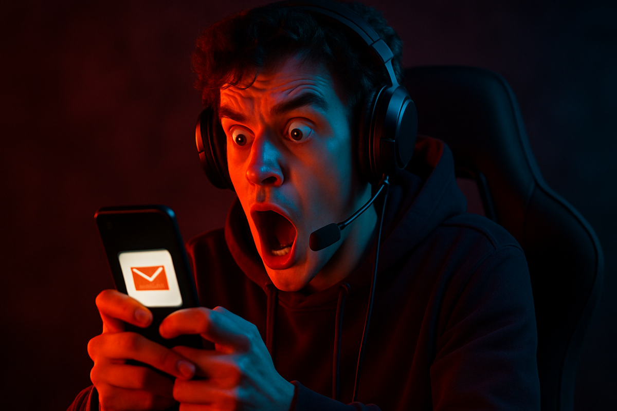 A gamer shocked and overwhelmed with emotion after receiving a long-awaited email notification, full of suspense and excitement.