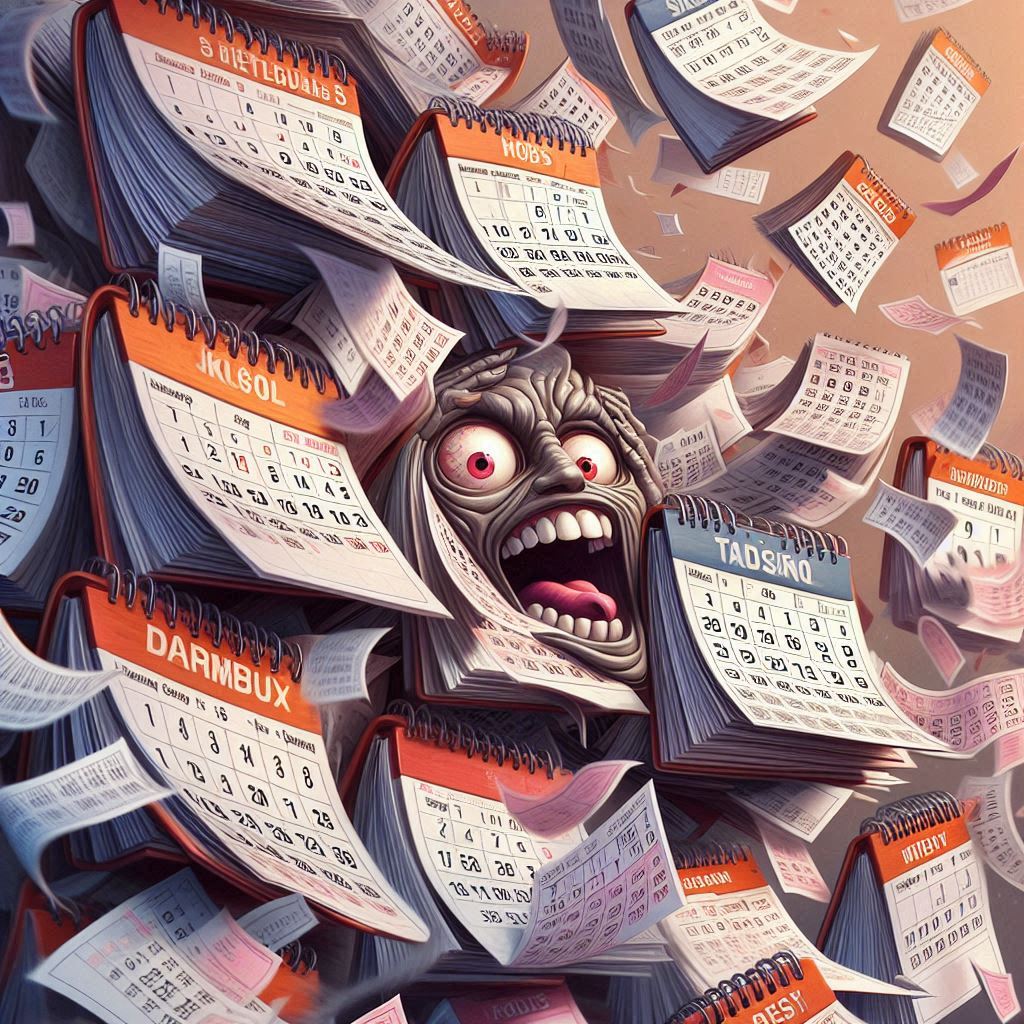 A person screaming in panic, overwhelmed by flying calendars and deadlines, evoking chaos, pressure, and time anxiety.