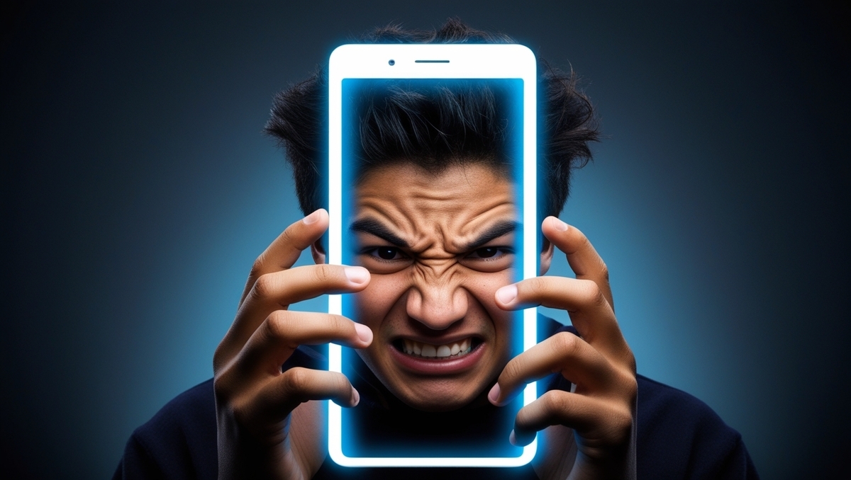 A furious young man screaming at his glowing smartphone, overwhelmed with frustration and helplessness, symbolizing tech-related despair.