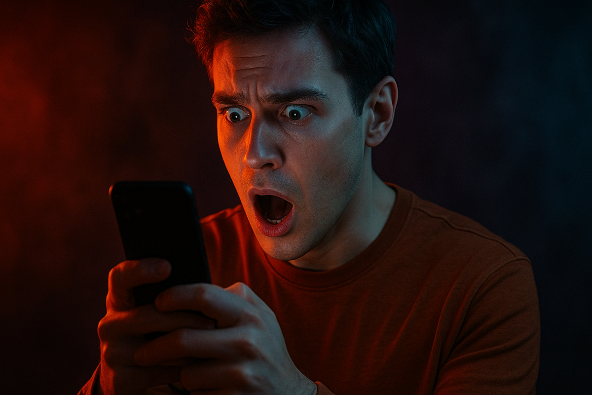 A shocked man staring at his smartphone, eyes wide open, jaw dropped, in disbelief and emotional turmoil—capturing the tension of a high-stakes lottery result.