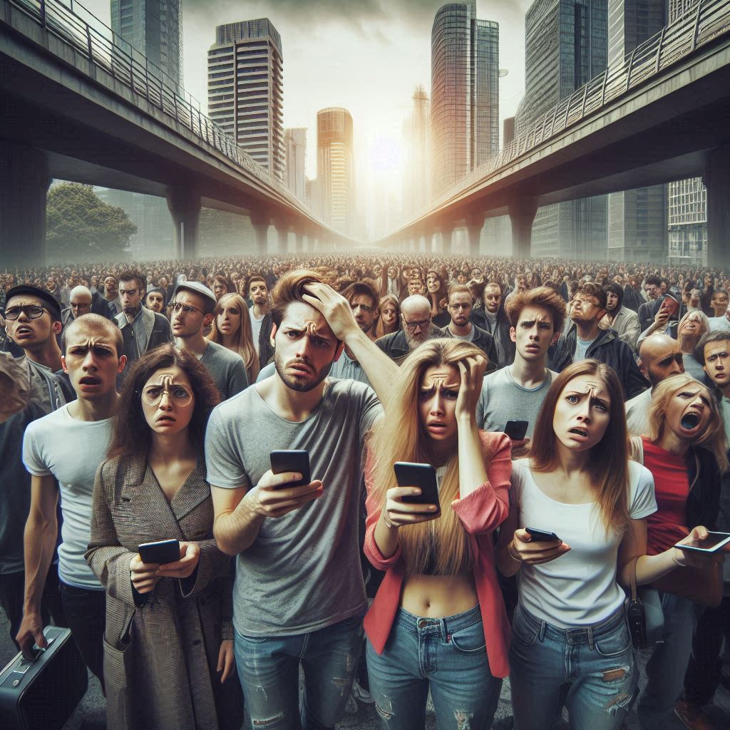 A massive crowd frozen in digital anxiety, their faces marked with fear and confusion, under an ominous sky in a futuristic city. A powerful depiction of humanity's collective emotional breakdown in the digital age.