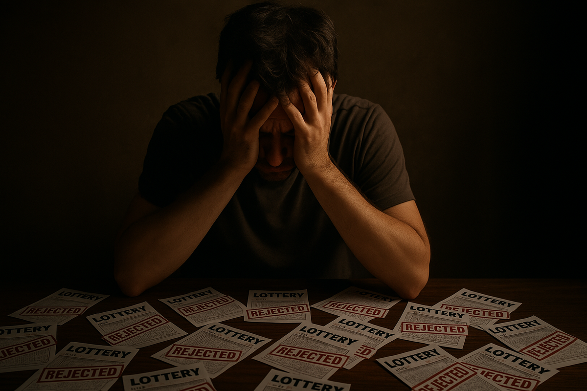 A man overwhelmed with despair, surrounded by rejected lottery tickets — the raw emotion of shattered hope and silent frustration.