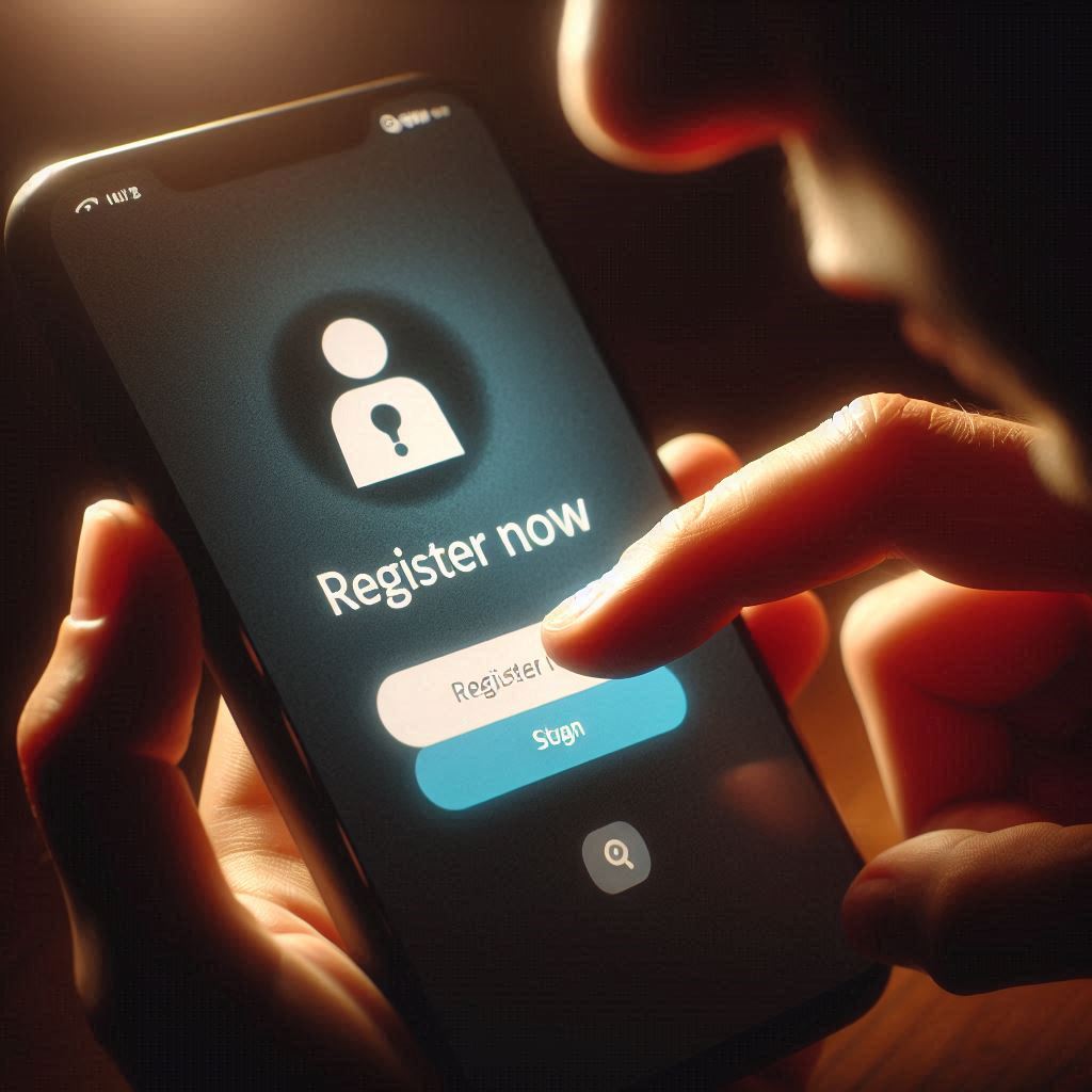 A close-up shot of a person anxiously tapping a “Register Now” button on a smartphone screen, with dramatic lighting emphasizing urgency and decision-making, cinematic depth, emotionally intense atmosphere --ar 16:9 --v 6 --style raw