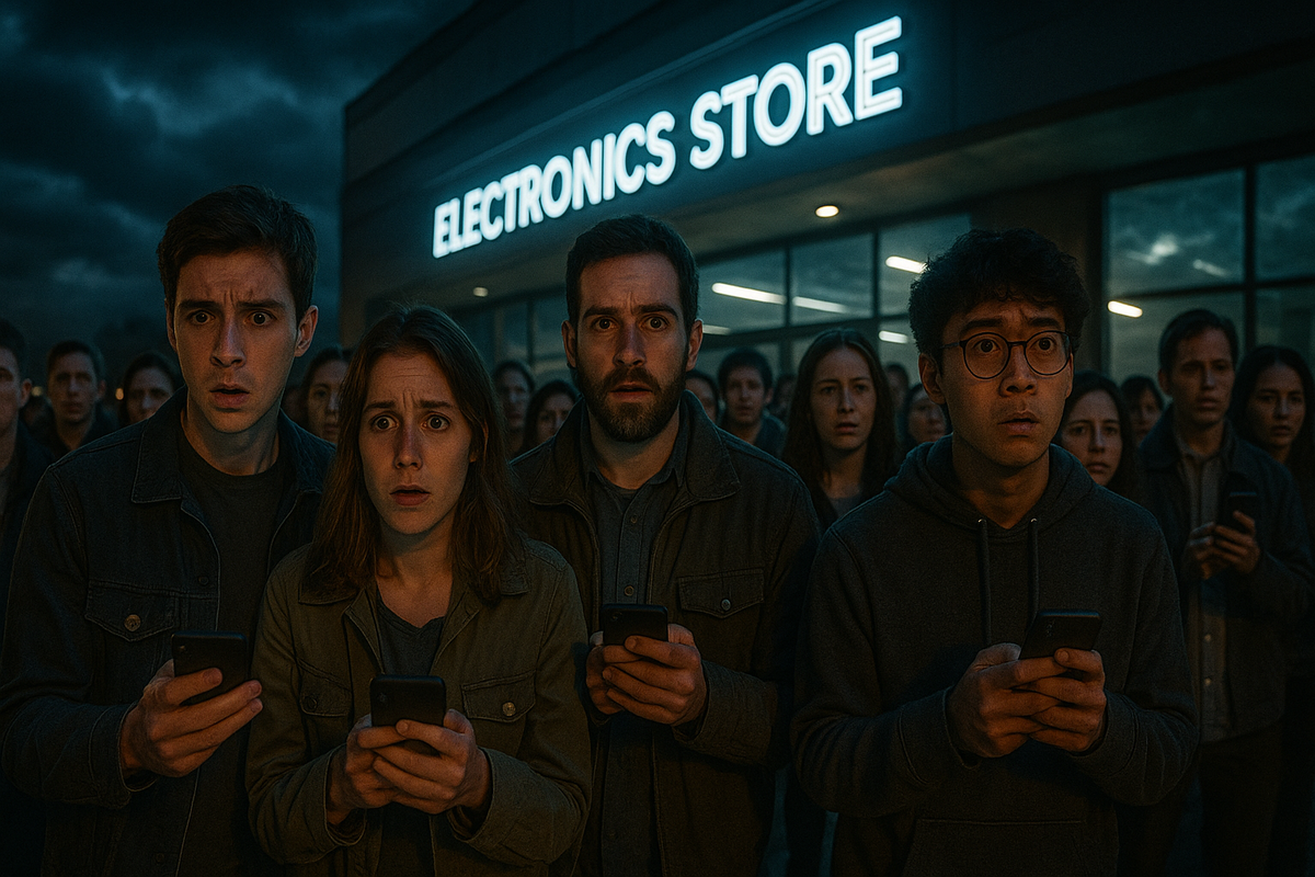 A shocked crowd standing outside an electronics store, staring at their phones with intense anxiety and disbelief — capturing the raw emotional moment of checking lottery results or missing out on a high-stakes release.