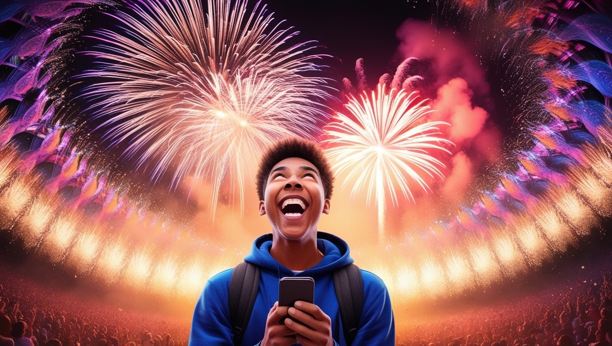 A young man exploding with joy while reading his phone, fireworks bursting in the night sky — pure celebration and triumph.