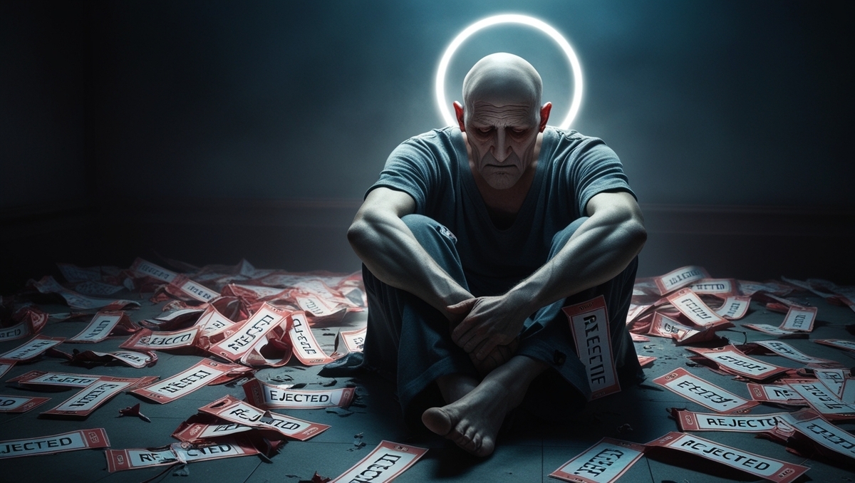A man sitting in silence among hundreds of 'rejected' lottery tickets, illuminated by a dim halo. The sorrow of hope lost, captured in a moment of haunting stillness.