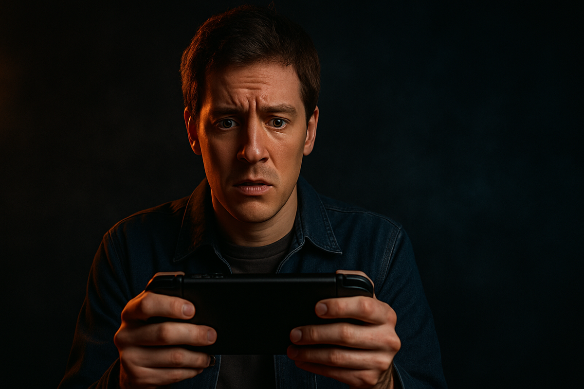 An anxious man holding a handheld gaming console, his face filled with worry and hesitation in a dimly lit room – the emotional tension of making the wrong choice.