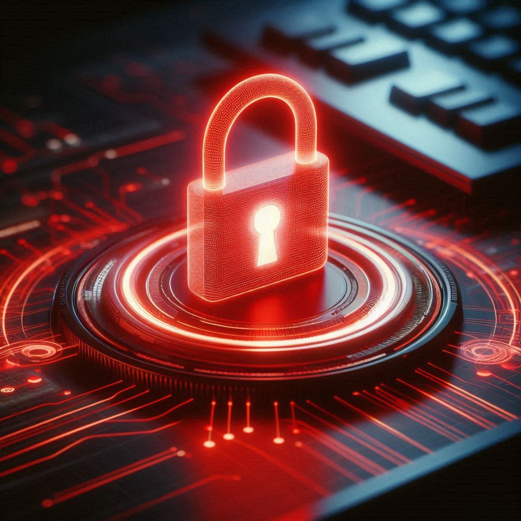 A glowing red padlock hovering over a digital circuit board, evoking a sense of fear, urgency, and hidden danger. Perfect visual metaphor for security risks in tech transfers.