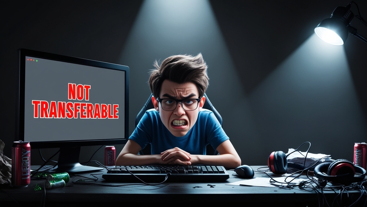 Frustrated young gamer under dramatic spotlight, staring at screen displaying bold 'NOT TRANSFERABLE' message – a visual echo of helplessness and digital injustice.