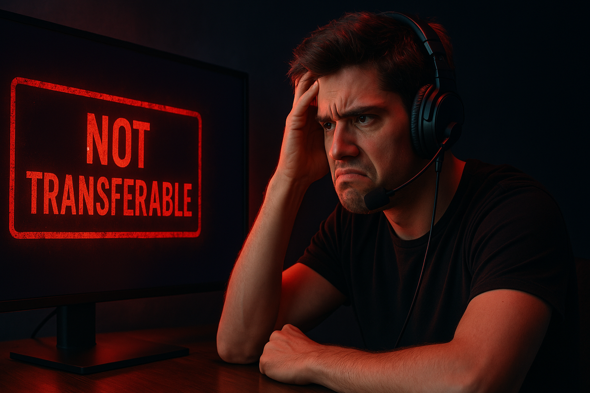A frustrated gamer reacting to a “Not Transferable” message on screen, overwhelmed by helplessness and digital disappointment in a dimly-lit room
