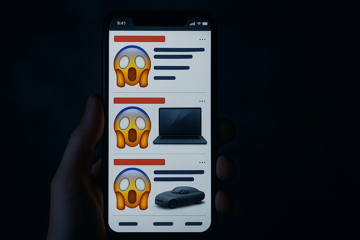 Shocking online listings flood a smartphone screen at night, sparking confusion and urgency—too good to be true? FOMO kicks in as viral emoji posts blur fact and fiction.