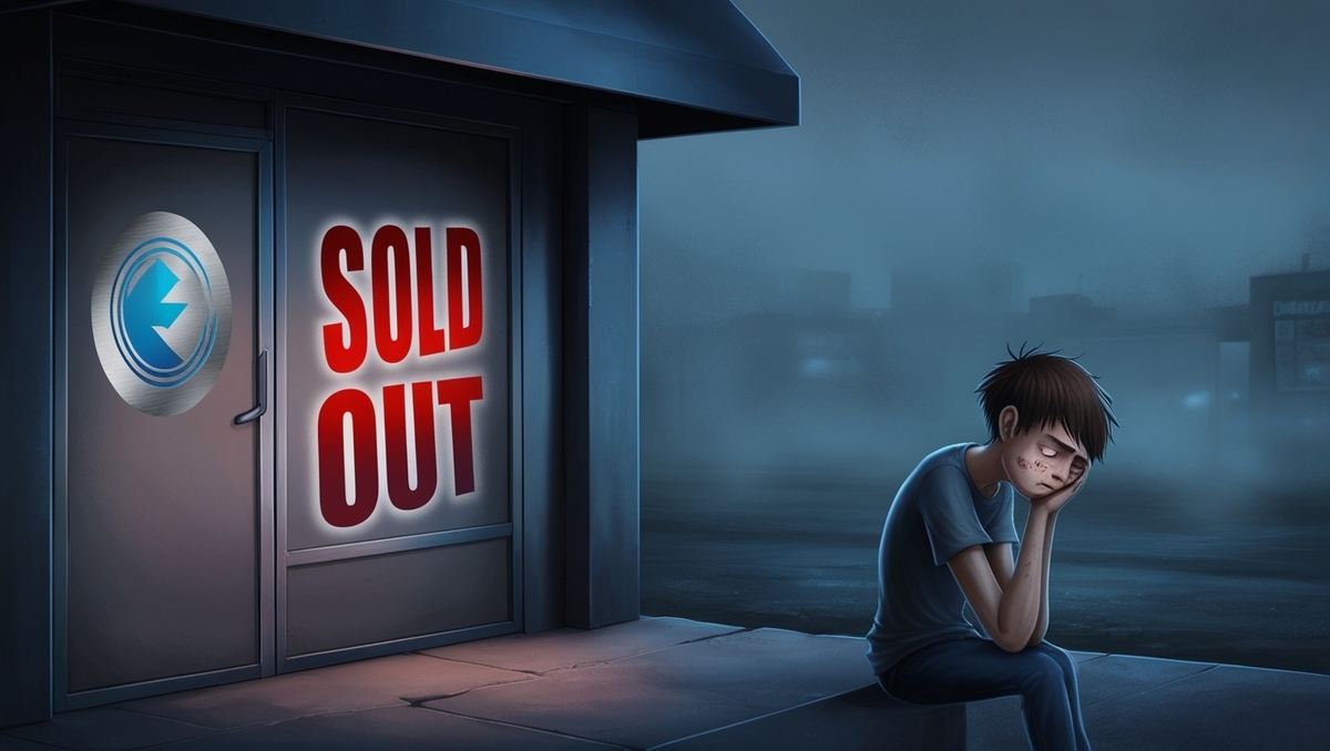 A heartbroken boy sits alone in front of a dim electronics store with a bold SOLD OUT sign glowing behind the glass, capturing the deep emotion of disappointment, scarcity, and lost hope.