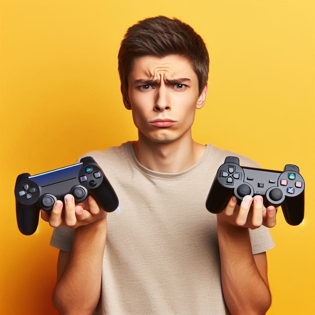 Confused young man holding two different game controllers, looking lost and frustrated, symbolizing the emotional struggle of choosing the right console in a saturated gaming world.
