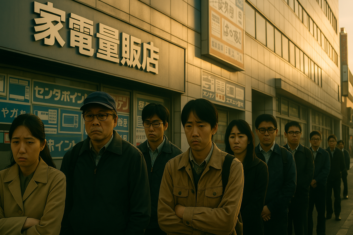 A long line of anxious customers waiting outside an electronics store at dawn, faces filled with disappointment and silent hope.