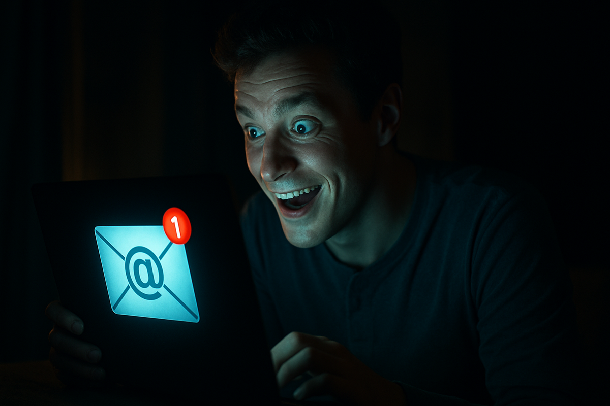 An excited man receiving a long-awaited email at night, glowing screen lighting his thrilled face in a quiet moment of joy and suspense.