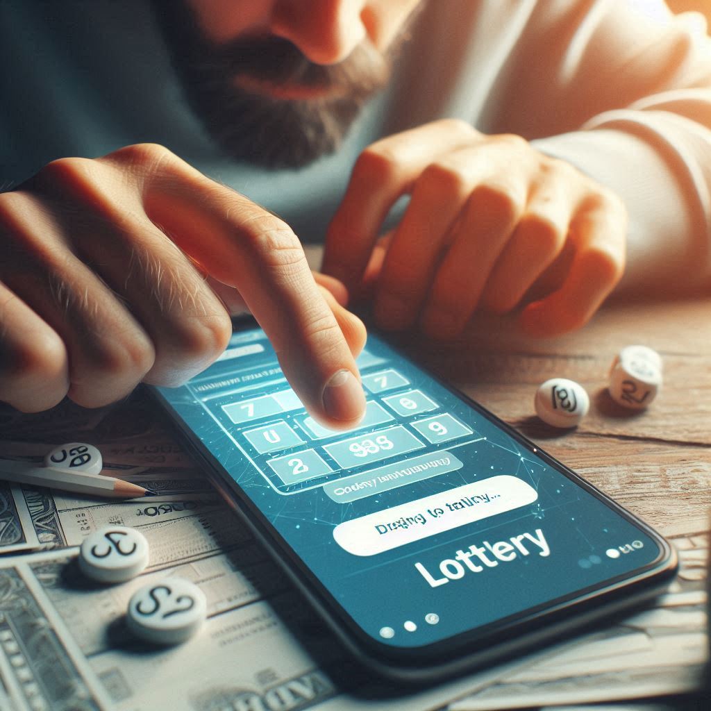 A man intensely focused on a digital lottery screen, capturing the thrilling moment of anticipation and hope.