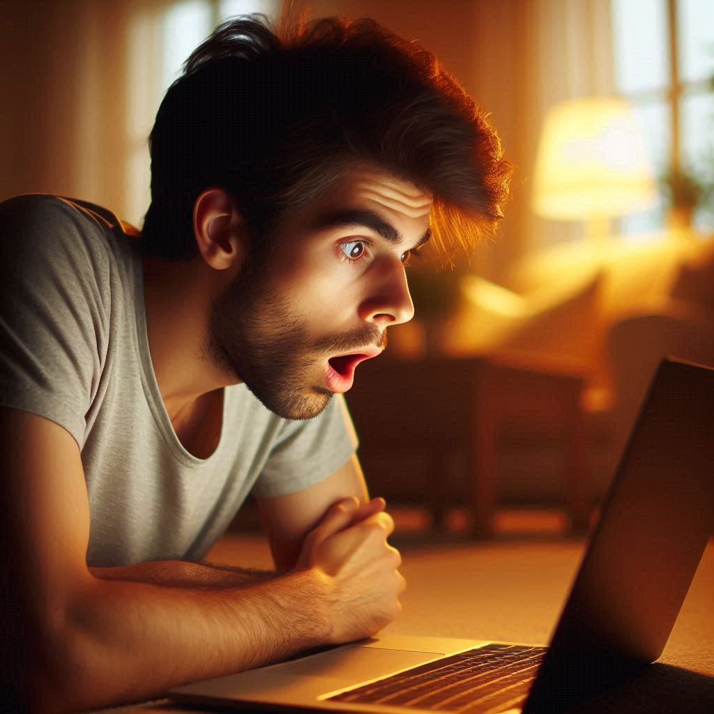 A young man overwhelmed with surprise and joy while reading something unbelievable on his laptop, bathed in warm evening light — capturing the thrill of an unexpected win.