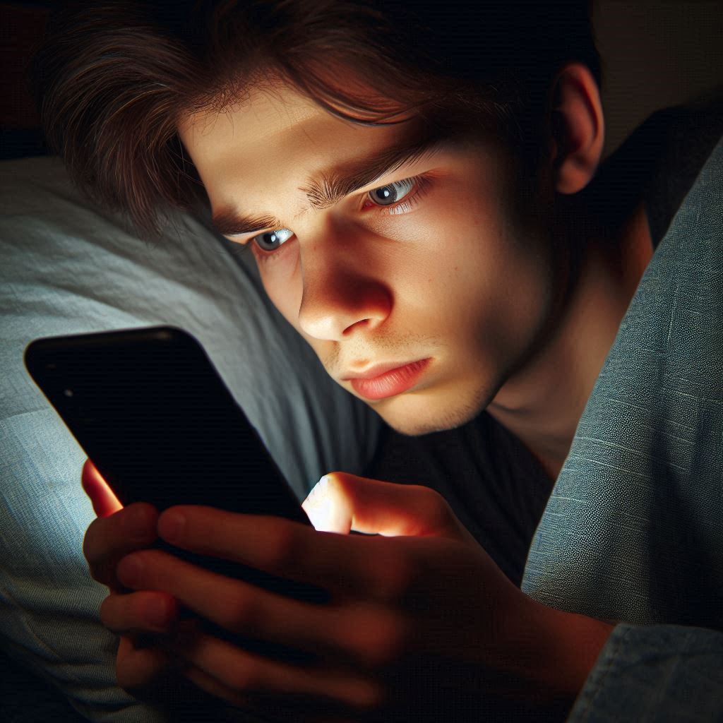 A worried young man intensely staring at his phone under low light, seeking urgent news. Anxiety, curiosity, and tension in his eyes reflect the emotional weight of late-night digital discovery.
