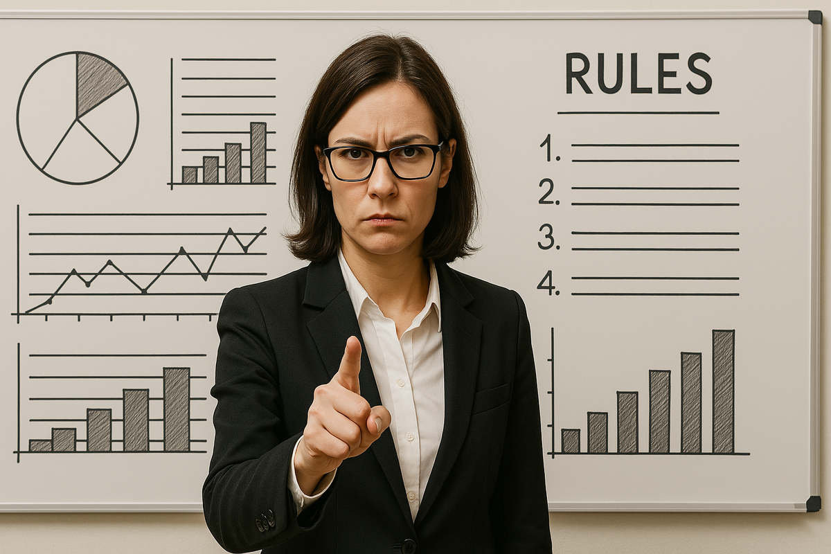 A serious woman in a suit pointing directly at the viewer, standing in front of a whiteboard with graphs and rules. Her intense gaze demands attention and action, evoking a sense of urgency, frustration, and hidden truths revealed.