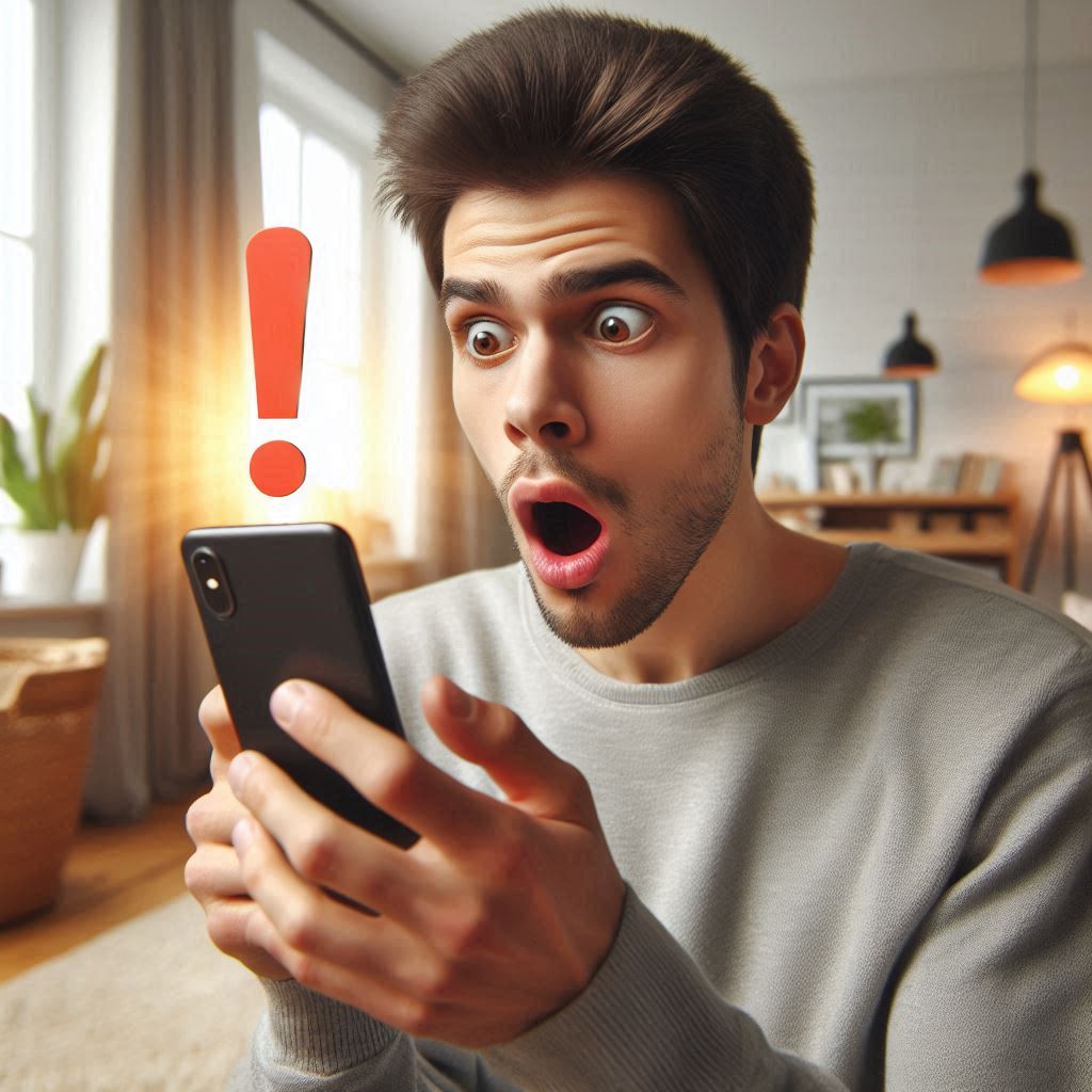 Shocked young man discovers unexpected news on smartphone, eyes wide with amazement, bathed in morning light.