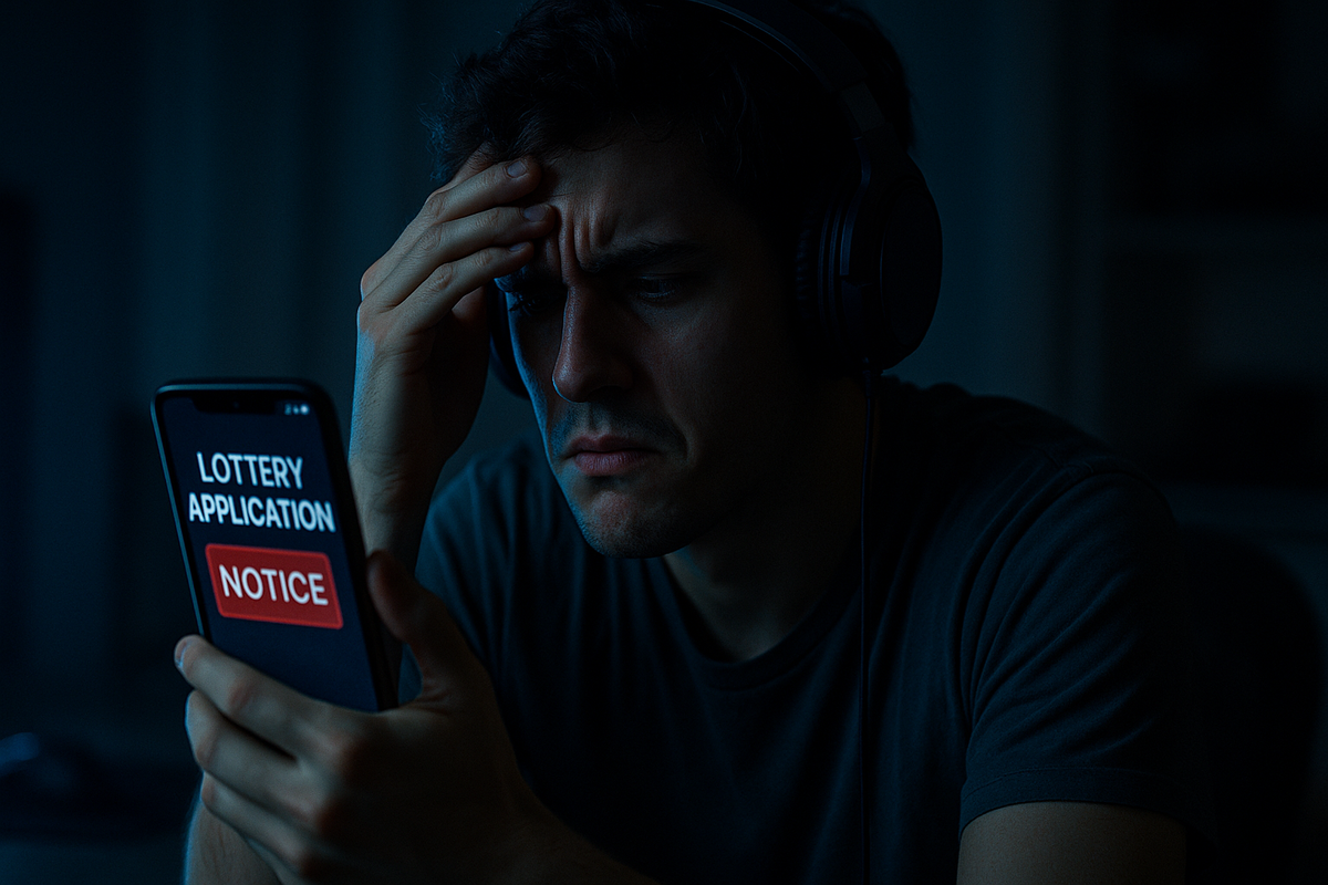 Disappointed young man in dim lighting staring at lottery application result on phone, feeling crushed and defeated after missing a chance.