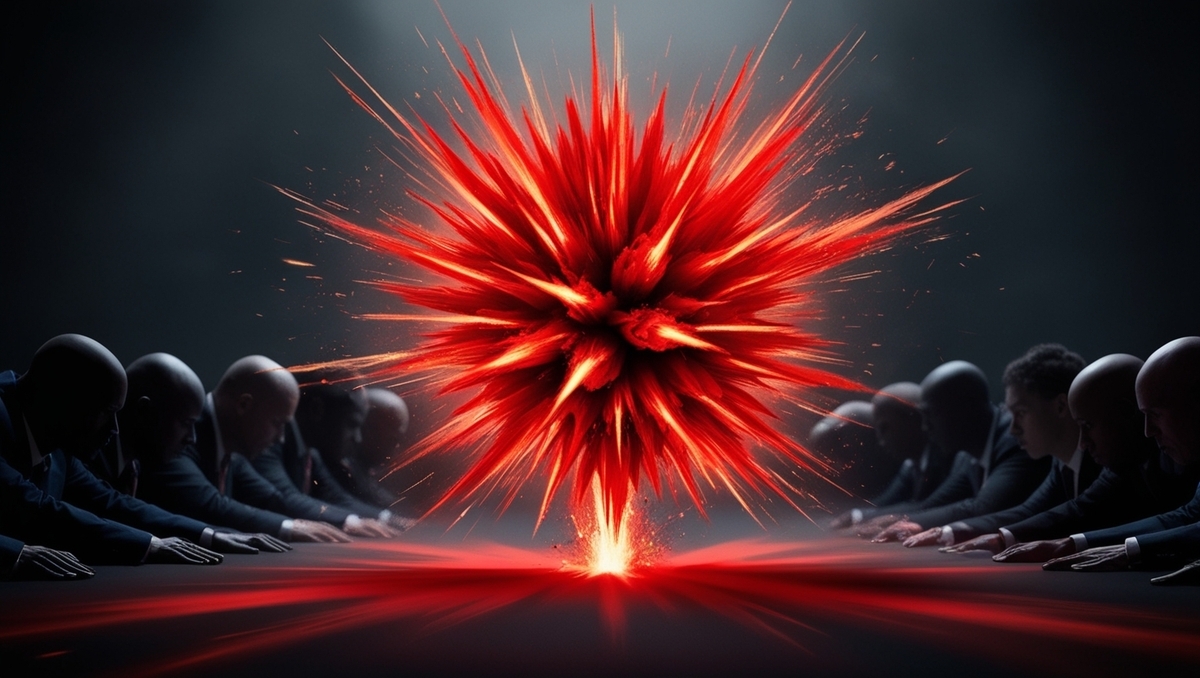 A dramatic red explosion bursts from the center of a dark boardroom, symbolizing a shocking breakthrough or conflict. The atmosphere is tense, dramatic, and intensely emotional.