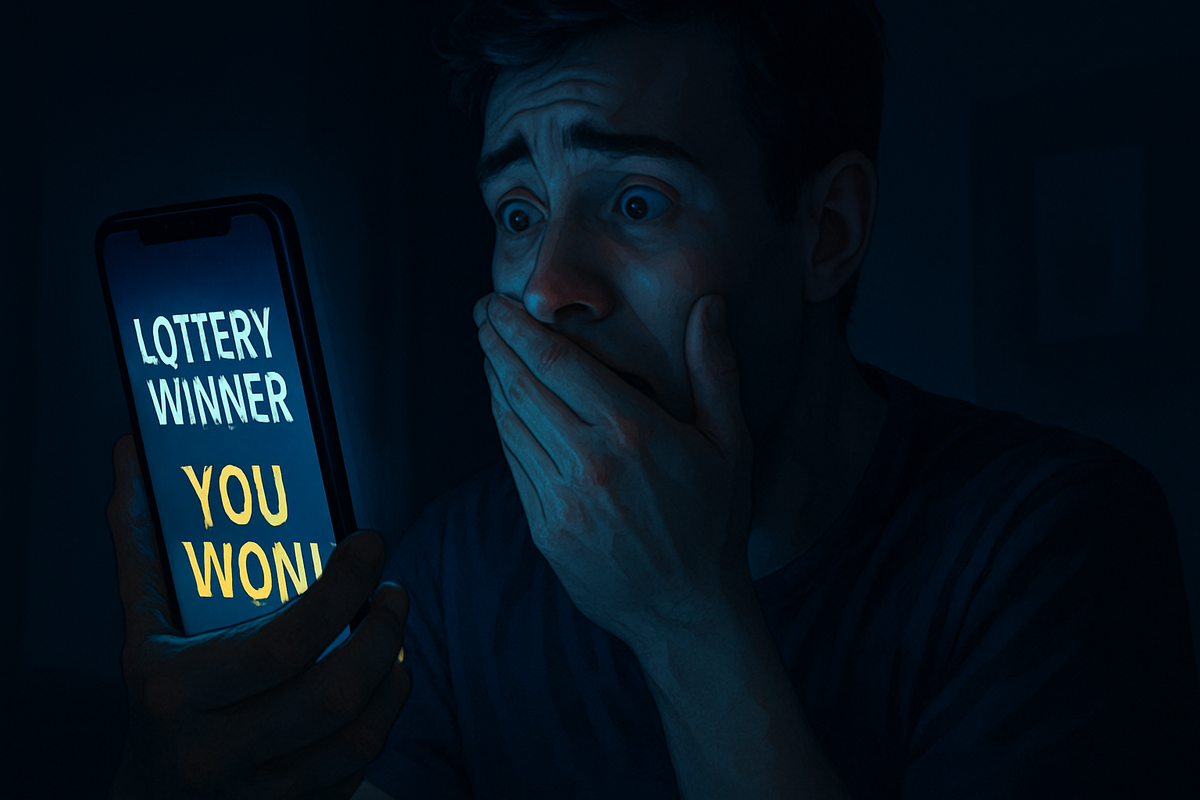 A stunned man in dim lighting covers his mouth in disbelief as his phone screen announces a lottery win, capturing a raw moment of joy, surprise, and emotional shock. A scene filled with anticipation, euphoria, and the life-changing impact of unexpected good news.