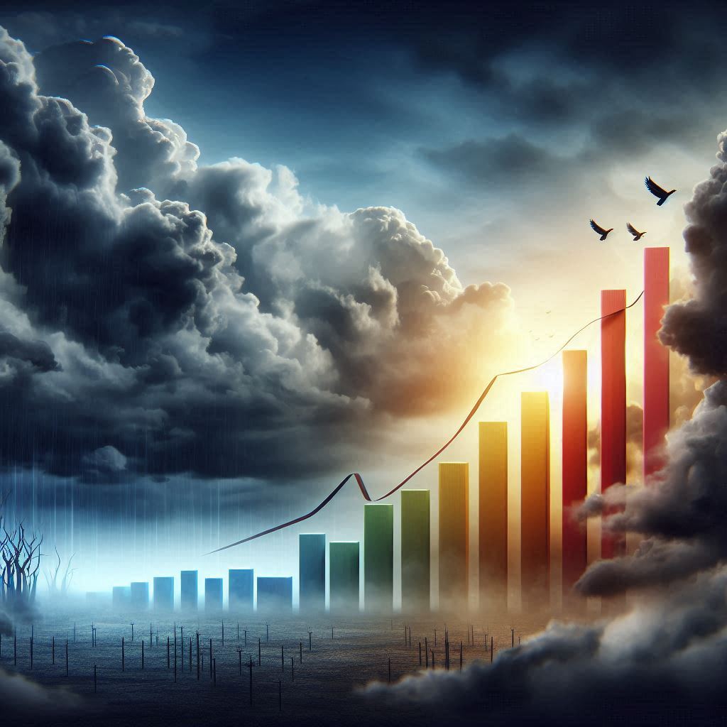 Against a backdrop of stormy despair, hope rises like a phoenix — each bar of the graph climbing toward the golden light of possibility.