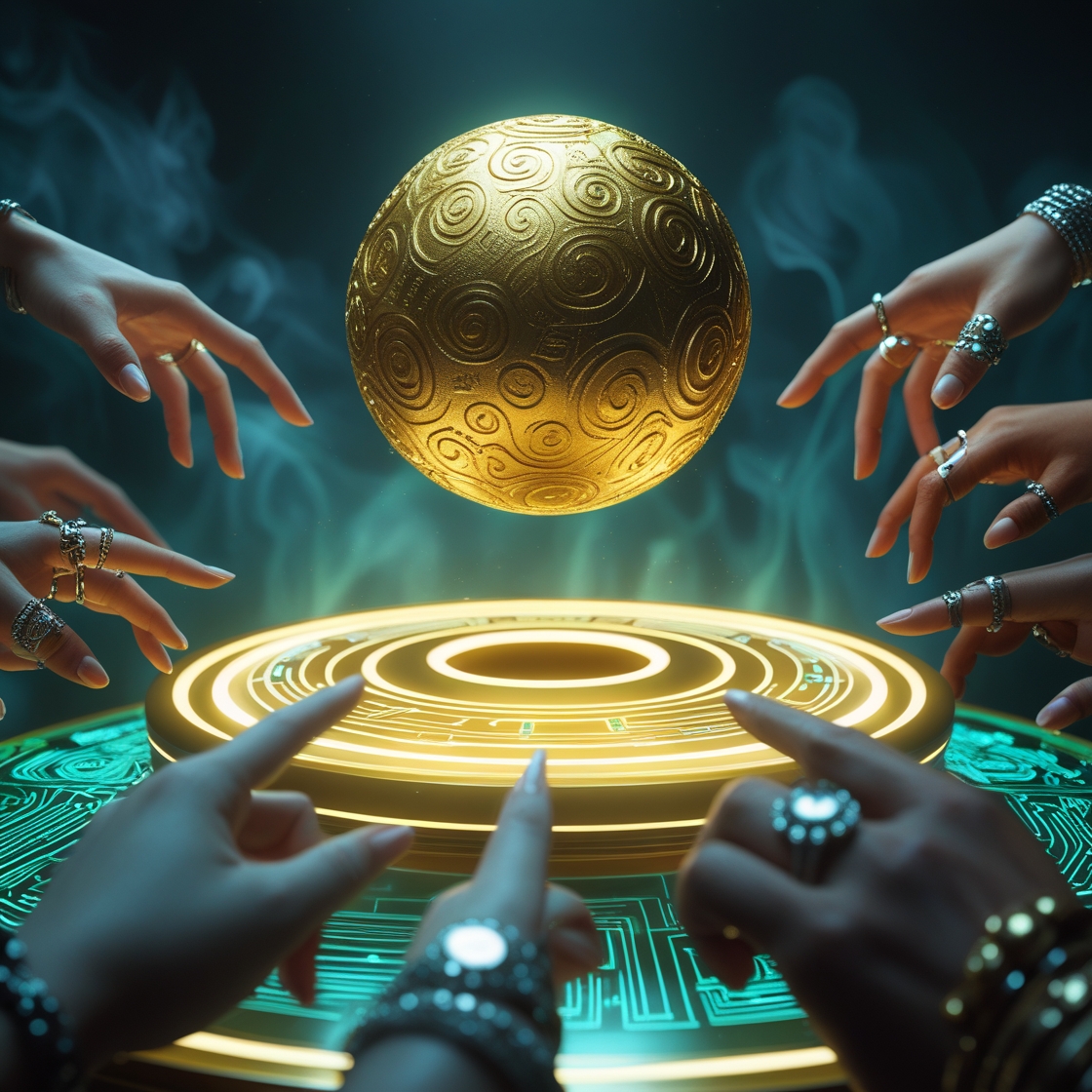 A radiant golden orb floats above a glowing futuristic altar, surrounded by outstretched hands filled with anticipation and mystery — evoking a moment of fate, hope, and intense emotional suspense.