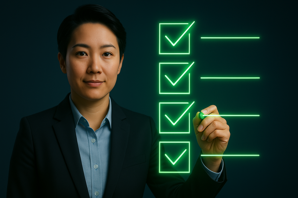 A determined professional calmly checking off goals with focused confidence, surrounded by glowing green checkmarks symbolizing achievement, clarity, and hopeful momentum.